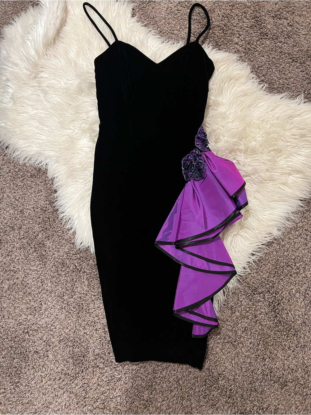 Velvet Cocktail dress, Vintage 1980s with Purple taffeta ruffle detail
